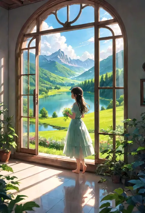 1girl, The View Outside the Window, (4k,8k,highres,:1.2),ultra-detailed,(realistic,photorealistic,photo-realistic:1.37),indoor view,window view,outside scene,outdoor scenery,breathtaking landscape,panoramic view,serene atmosphere,clear blue sky,rolling hil...