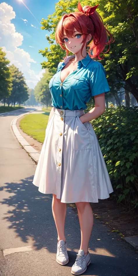 1girl, full body, summer, village, trees, sun, clouds, ((colorful hair)), ponytail, large breasts, button down, blue eyes, ((red, white and green shirt)), ((unbuttoned shirt)), unbuttoning buttons, ((short sleeved shirt)), black mini skirt, brown shoes, gr...