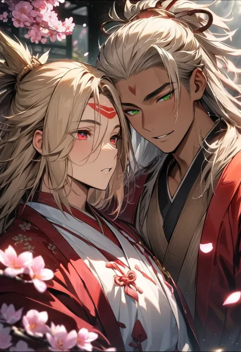 (absurdres, highres, ultra detailed, HDR), master piece, best quality, Asura, untamed black long hair, no bangs, tanned skin, expressive red eyes, red mark on the forehead, Onmyoji, Taishakuten, short ash blond hair, hair between the eyes, expressive green...