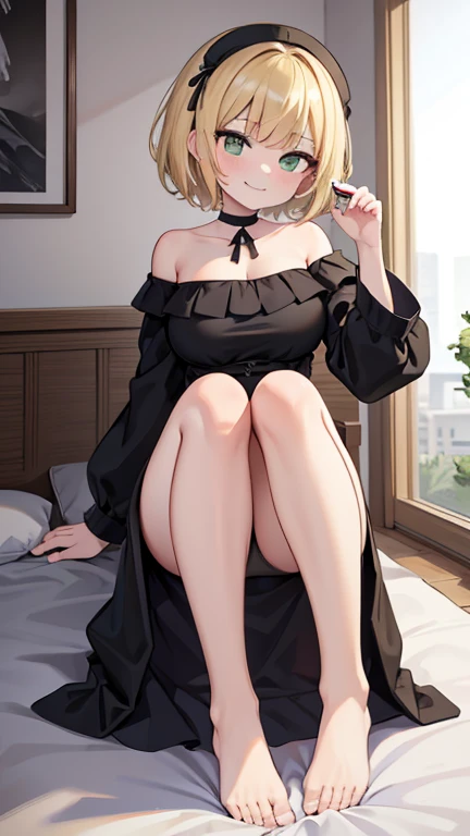 ((highest quality)), ((masterpiece)), (become familiar with), perfect face,blonde,short hair,grated bangs,eyes without highlights,Desaturated dark green eyes,Drooping eyes,grinning,look down,black choker,tall,big breasts,Rubbing your chest with selfie,off ...