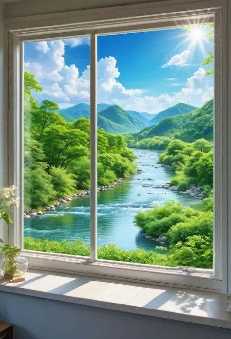 (best quality,realistic,photorealistic:1.37),ultra-detailed,beautiful landscape outside the window,green lush trees,peaceful flowing river,bright blue sky,fluffy white clouds,calming sunlight,gentle breeze,serene atmosphere,window frame,crystal-clear glass...