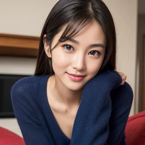 The eyes of a young, beautiful Japanese woman wearing a dark blue sweater who was lying on the sofa looking at me, tilting her head and smiling. Focal length 100mmf/2.8, spring night, living room on the upper floor of a high-rise apartment, well-shaped fac...