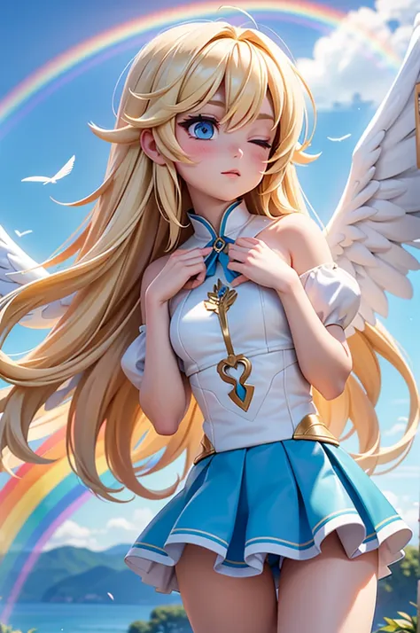 seraph raphael,long hairstyle,blonde,eyes closed,go hand in hand,big rainbow,blue sky,feathers are fluttering,symmetrical wings