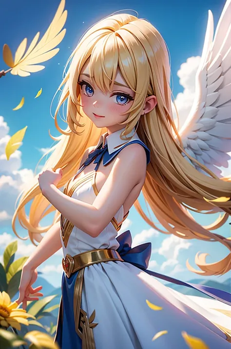 seraph raphael,long hairstyle,blonde,eyes closed,go hand in hand,big rainbow,blue sky,feathers are fluttering,symmetrical wings