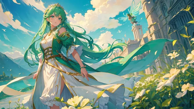 beautiful girl, mint colored hair, royal clothes, fairy wings, flying dragonflies, 8k resolution, sky