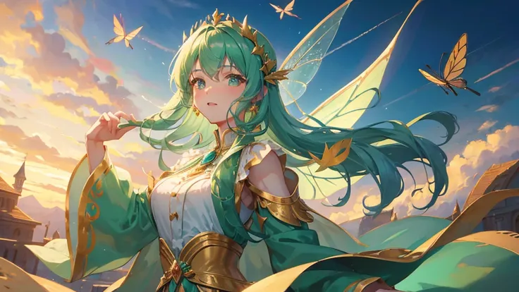 beautiful girl, mint colored hair, royal clothes, fairy wings, flying dragonflies, 8k resolution, sky