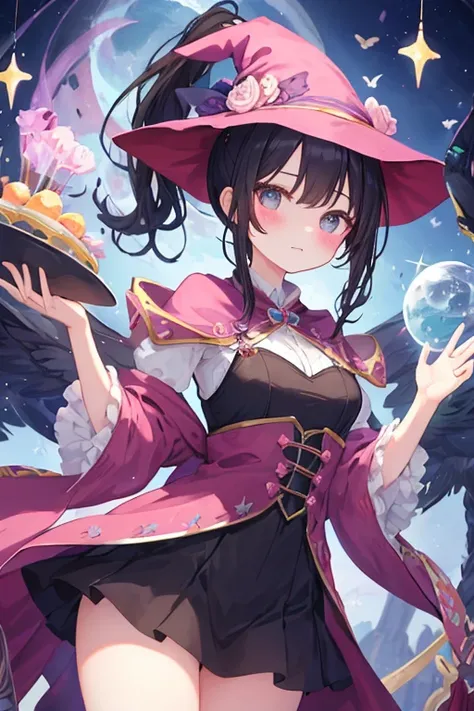 beautiful illustrations, highest quality, pretty girl,beautiful girl、clear face、 half girl、pastel colour 、blush、thighs、perfect hands、five fingers、witch、magic、fantasy、fantasy、black hair、ponytail、No expression