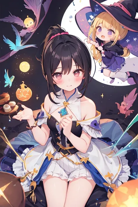 beautiful illustrations, highest quality, pretty girl,beautiful girl、clear face、 half girl、pastel colour 、blush、thighs、perfect hands、five fingers、witch、magic、fantasy、fantasy、black hair、ponytail、No expression