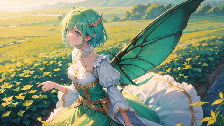 beautiful girl, mint colored hair, short hair, royal clothes, fairy wings, flying dragonflies, 8k resolution, sky