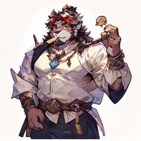 ((masterpiece)),(((best quality))),(character design sheet, same character, front, side, back), illustration, 1 furry men, hair color, ring, necklace hairstyle fax, eyes, environment Scene change, hairstyle fax, pose Zitai, male, Dad who likes to eat, char...