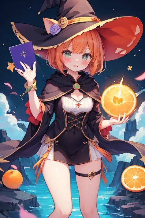 beautiful illustrations, highest quality, pretty girl,beautiful girl、clear face、 half girl、pastel colour 、blush、thighs、perfect hands、five fingers、fantasy、fantasy、Cat ear、witch、orange hair、bob hair、Gah