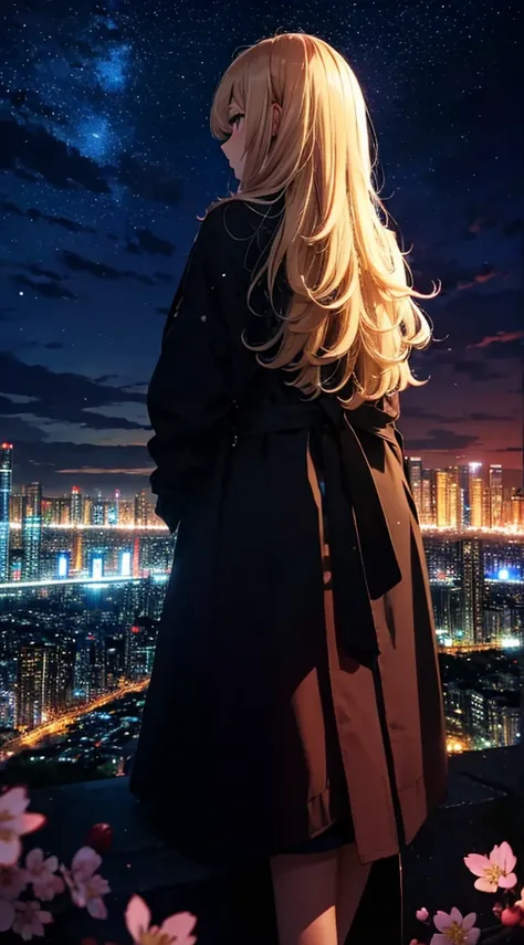 １people々々々々々々々々々々,blonde long hair，long coat，silhouette， Rear view，space sky, milky way, anime style, cherry blossoms，夜cherry blossoms，辺り一面に舞うcherry blossoms吹雪，Night view of the city from the mountainside，