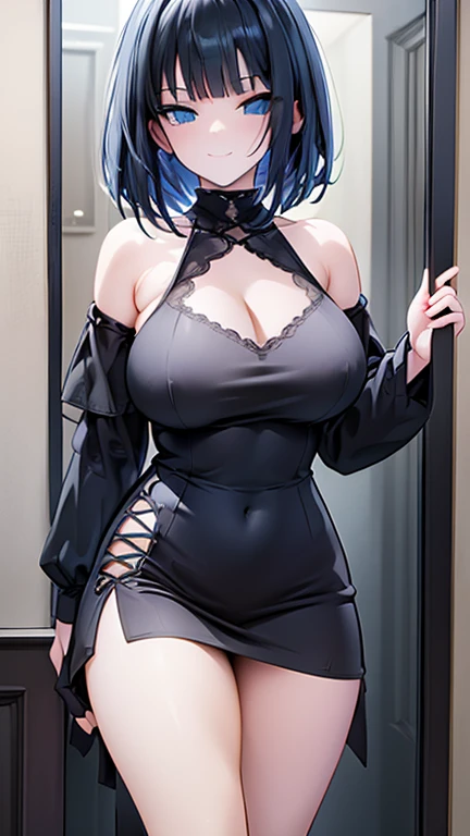 ((highest quality)), ((masterpiece)), (become familiar with), perfect face,dark blue hair,short hair,grated bangs,eyes without highlights,Desaturated dark green eyes,Drooping eyes,grinning,look down,black choker,tall,slender,big breasts,Rubbing your chest ...