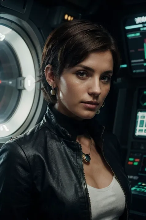 a 30 years old space pirate with short hair, a full-length portrait in the control room of a spaceship, an Irish Terran aristocrat in a fantastic entourage. earring in the form of a psi corps badge. casual clothes (realistic style)