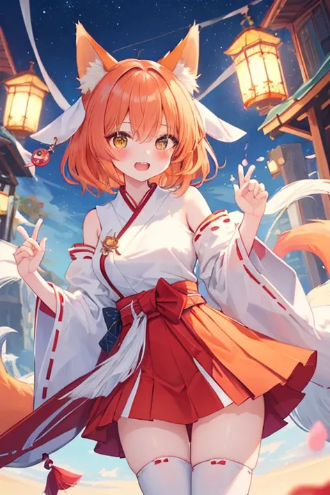 beautiful illustrations, highest quality, pretty girl,beautiful girl、clear face、 half girl、pastel colour 、blush、thighs、perfect hands、five fingers、fantasy、fantasy、fox ears、fox tail、orange hair、tooth、Miko costume、shrine