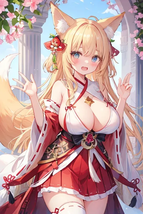 beautiful illustrations, highest quality, pretty girl,beautiful girl、clear face、 half girl、pastel colour 、blush、thighs、perfect hands、five fingers、fantasy、fantasy、fox ears、fox tail、blonde、tooth、Miko costume、big breasts