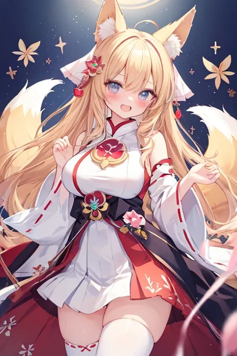 beautiful illustrations, highest quality, pretty girl,beautiful girl、clear face、 half girl、pastel colour 、blush、thighs、perfect hands、five fingers、fantasy、fantasy、fox ears、fox tail、blonde、tooth、Miko costume、big breasts