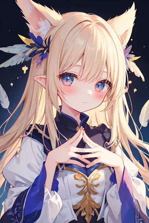 beautiful illustrations, highest quality, pretty girl,beautiful girl、clear face、 half girl、pastel colour 、blush、perfect hands、five fingers、fantasy、fantasy、Feathers on ears、wing、blonde、A fleeting look、up、upper body only