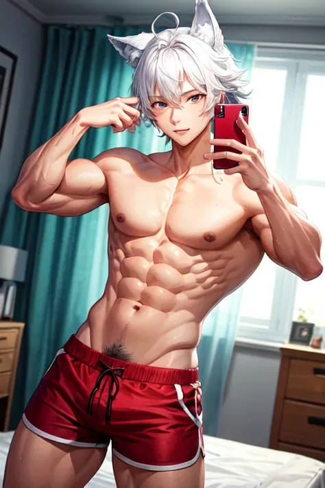 20 year old male bodybuilder anime character with wolf ears and red tight shorts with a mullet hairstyle with white hair while taking a photo in his room with a suggestive look