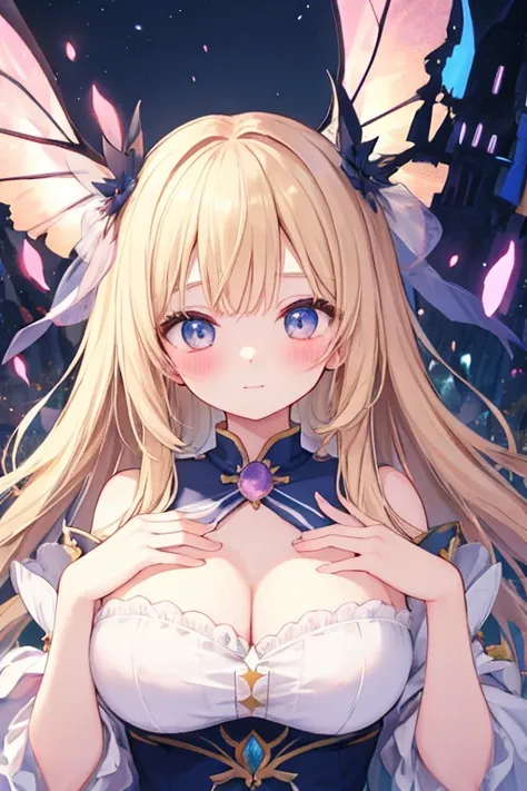 beautiful illustrations, highest quality, pretty girl,beautiful girl、clear face、 half girl、pastel colour 、blush、perfect hands、five fingers、fantasy、fantasy、wing、blonde、A fleeting look、up、upper body only、big breasts