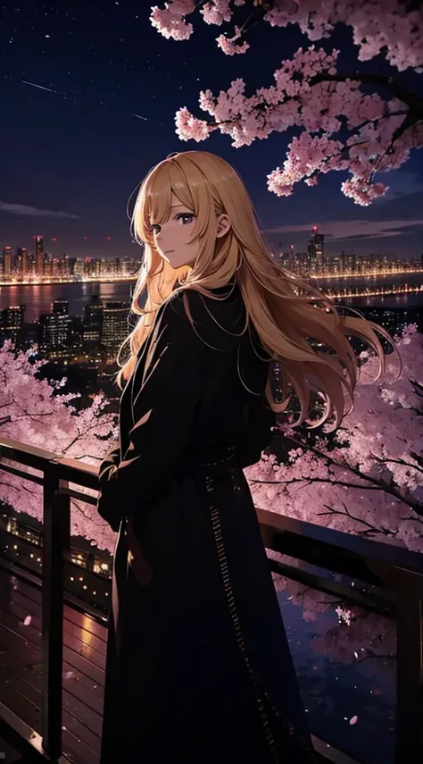 １people々々々,blonde long hair，long coat， Rear view，Playing the violin，space sky, milky way, anime style, cherry blossoms，夜cherry blossoms，辺り一面に舞うcherry blossoms吹雪，Night view of the city from the mountainside，