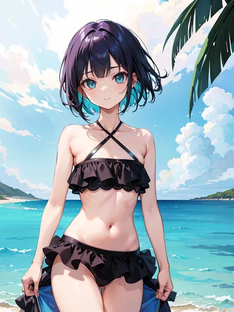 a girl standing in shallow ocean water under a clear blue sky. She has a sun-kissed complexion and a deep violet bob cut hair. She is wearing a two-piece swimsuit with a strap around the neck; the top is bandeau-style with a halter neck strap, featuring a ...