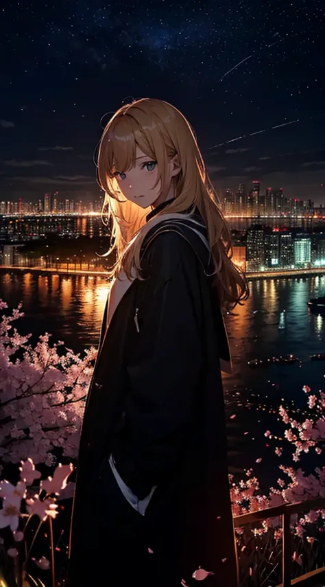 １people々々々,blonde long hair，long coat，silhouette， ピアノを弾いてるsilhouette，space sky, milky way, anime style, cherry blossoms，夜cherry blossoms，辺り一面に舞うcherry blossoms吹雪，Night view of the city from the mountainside，