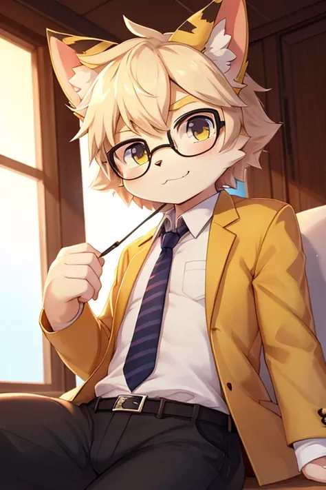 cartoon cat with tie, anthropomorphic cat, boy, cute cat, wearing aviator glasses, Nekomimi, cute character, yellow coat with white details, black stripes