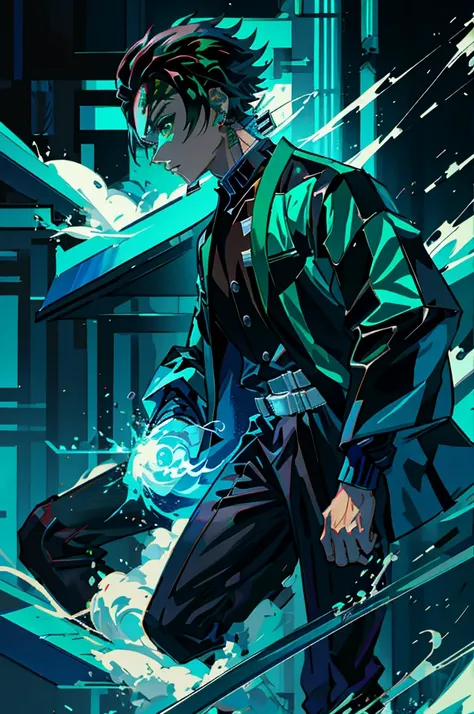 Tanjiro wears a light green cyberpunk jacket, Blue sword, Blue fire and aura around him, Cyberpunk theme, 4K, Extremely sharp