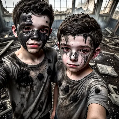 two boys take a selfie, covered in soot and in ruins after a failed experiment