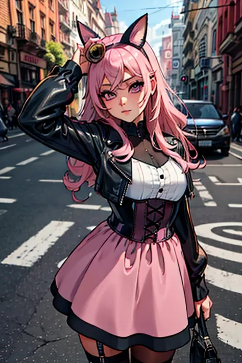 A pink haired woman with violet eyes with an hourglass figure in a cool leather jacket and gothic lolita dress dress is posing on a busy street
