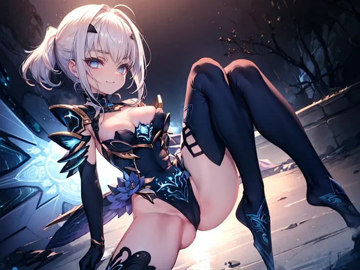 (full body),Explain the whole,NSFW,最high quality,High resolution, Super detailed,game CG,dutch angle,緻密でbeautiful eyes,beautiful girl,(enchanting smile), (spread your legs), (raise your legs), leotard，armor, 装甲dress, Black dress, 黒いgloves, Blue Armor, Blue...