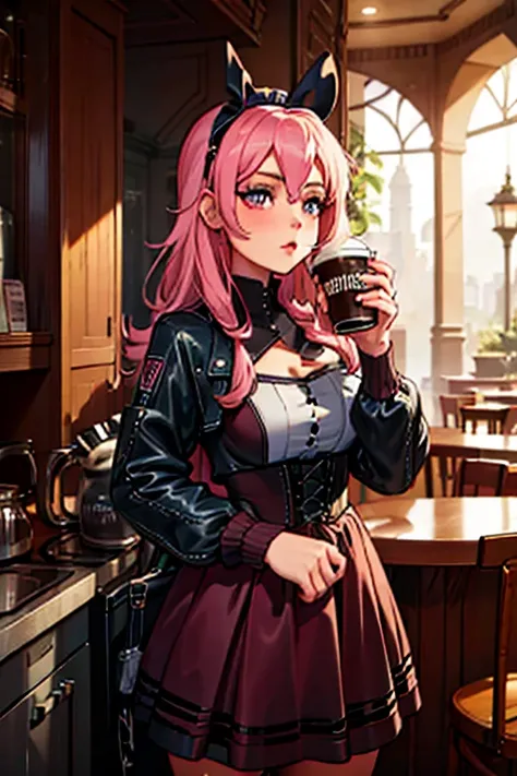 A pink haired woman with violet eyes with an hourglass figure in a cool leather jacket and gothic lolita dress dress is drinking coffee in a coffee shop