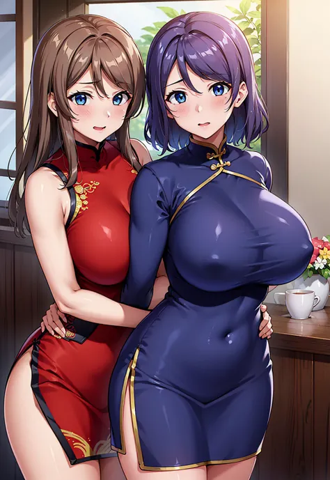 2 girls, hug,Mr. Watanabe, blue eyes,big breasts, China dress, No sleeve,red face,dull hair,curved body