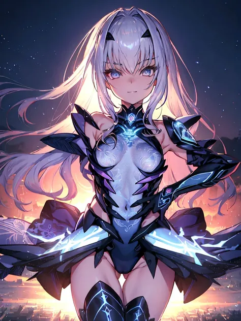 (full body),Explain the whole,NSFW,最high quality,High resolution, Super detailed,game CG,dutch angle,緻密でbeautiful eyes,beautiful girl,chest focus,(enchanting smile), (spread your legs), (raise your legs), leotard，armor, 装甲dress, Black dress, 黒いgloves, Blue...