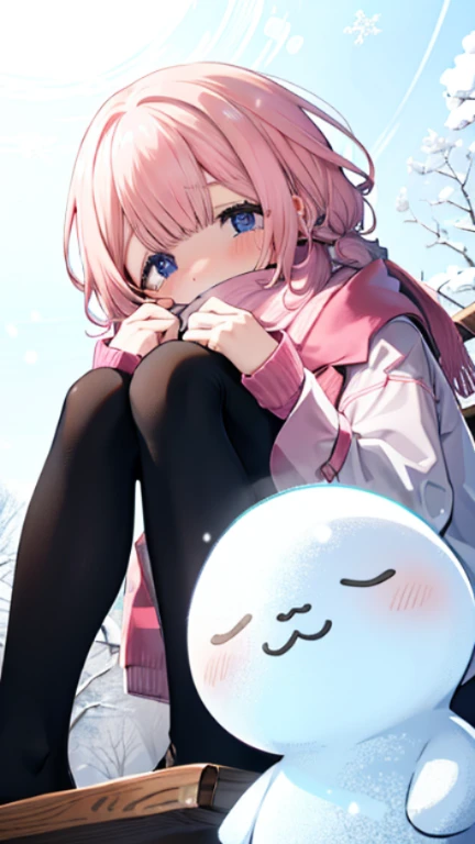 、Peep、A sneak peak、Shyness、blush、embarrassing、blush、peak、、sit with legs stretched out、bench、顔をscarfで隠す、put on a coat、snow原、snow像、snow、cold、scarf、scarfを巻く、降snow高解像度、Full HD、8K quality、、、droopy eyes、、、highlight on eyes、lively eyes、clear eyes、Beautiful eyes、、...