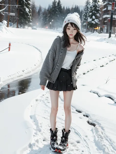 girl，clavicle，short skirt，emaciated，thin legs，snow day，whole body