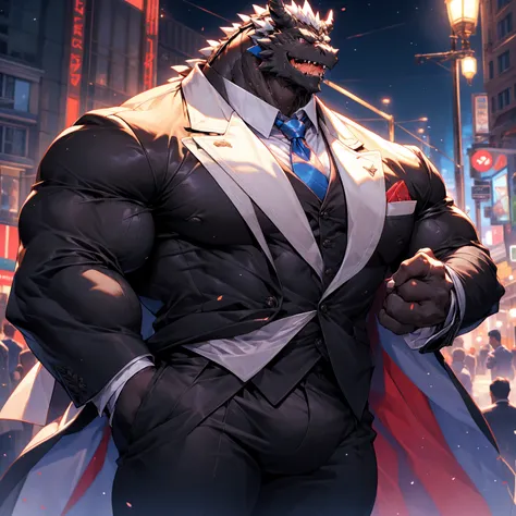 very muscular black dragon, big pecs, heavy weight, bodybuilder build, wearing white jacket, formal attire, large bulge, standin...