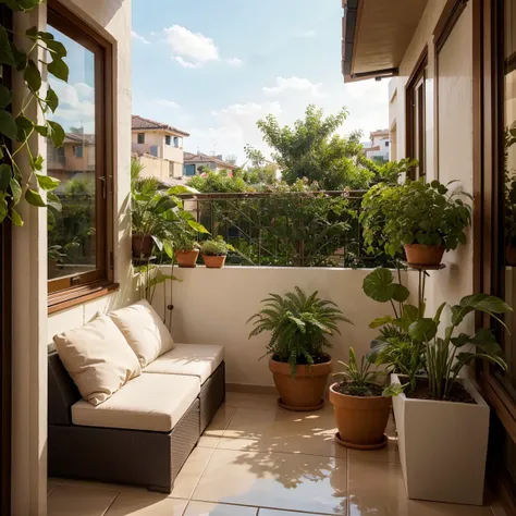 create a ready-made design for a rectangular balcony, which is not glazed. Large terracotta clay pots with a variety of plants are placed on the balcony, adding greenery and picturesque. in the corner, closer to the window, there is a small lounge sofa, cr...