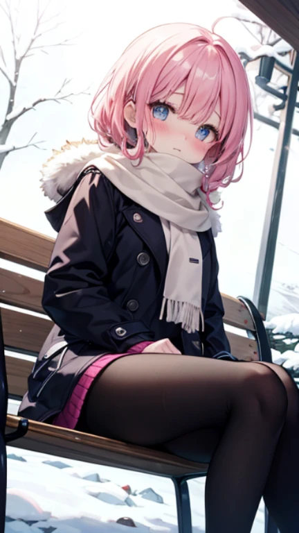 、Peep、A sneak peak、Shyness、blush、embarrassing、blush、peak、、sit with legs stretched out、bench、顔をscarfで隠す、put on a coat、snow原、snow像、snow、cold、scarf、scarfを巻く、降snow高解像度、Full HD、8K quality、、、droopy eyes、、、highlight on eyes、lively eyes、clear eyes、Beautiful eyes、、...