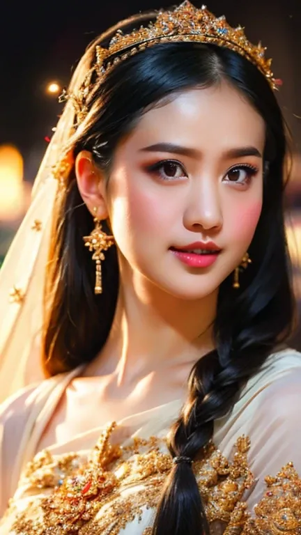 Thaifacemixx,  (Virtual image:1.4)、), 1 Thai Girl、dark brown hair、Bare your chest, showing your beautiful breasts.,Glowing skin、Spectacular Thai costumes,((The details are extremely realistic.))、Bright and soft to the eyes,realistic light illumination、spar...