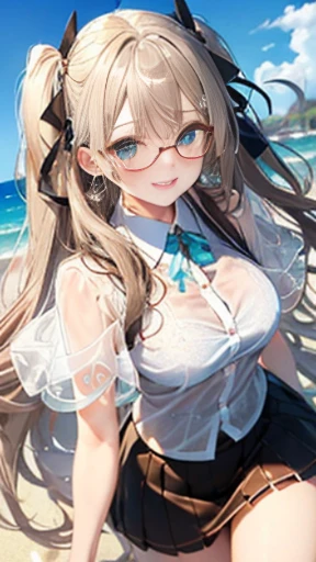 （Glasses）、The arrival of autumn、big butt、big butt、 Super detailed,bright colors, very beautiful detailed anime face and eyes,highest quality, hyper detail, masterpiece, look straight, ;shiny_skin,girl, ((long hair、gradation hair , Half white hair、Half brow...