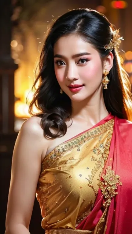 Thaifacemixx,full body image,  Virtual image、Realistic picture,complete anatomy), 1 Thai Girl、dark brown hair、Bare your chest, showing your beautiful breasts.,Glowing skin、Spectacular Thai costumes,((The details are extremely realistic.))、Bright and soft t...