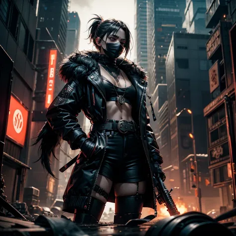 Unity 8k wallpaper，ultra - detailed，Aesthetics，tmasterpiece，best qualtiy，one-girl， Wearing a black-red glowing technopunk mask， wearing sexy， Wear a black fur coat，A futuristic pistol hangs from the left and right of his waist， The right hand is a mechanic...