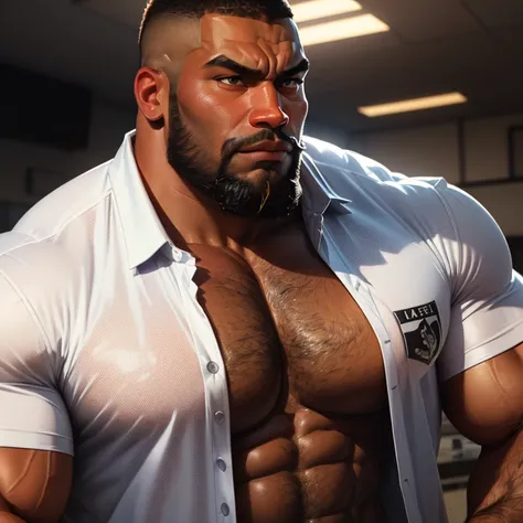 an exaggeratedly muscular and large bodyguard, beefy build, beard, dark-skinned african american male, buzzcut hair with square line, (wearing unbuttoned shirt 1.2), sports logo patch on shirt, (bara pecs: 1.3), (arm and chest hair: 1.1), close-up portrait...