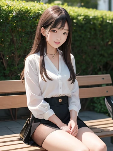 Women of this Japan are about 23 years old., beautiful, and、She has a reflection from head to toe, Smile at the photographer, Wearing khaki suede leather shirt and cream mini skirt.Im wearing.She wore a white and black stole around her neck.、Im wearing bla...