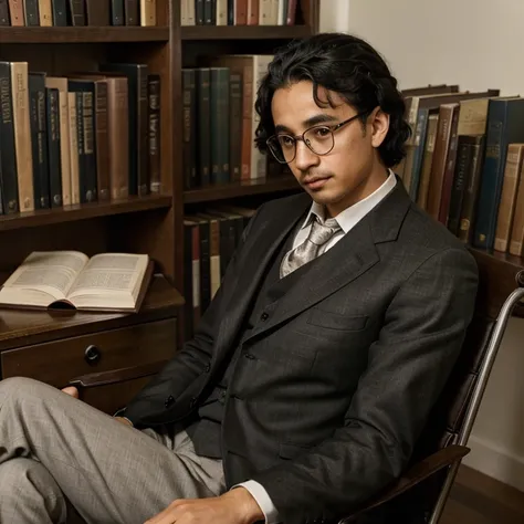 Image of Albert Einstein young man of 17 years with black hair sitting in a library with glasses wearing an elegant suit, leyendo un libro, con un perro Border Collie acostado al lado de su silla