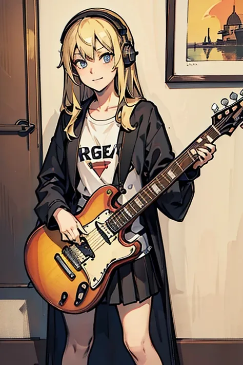 ((masterpiece,highest quality))1 girl, alone, black skirt, blue eyes, electric guitar, guitar, headphones, holding, holding plectrum, musical instrument, long hair, , music, one side up, blonde, guitarを弾く, pleated skirt, Colorful shirts, Indoors, looking d...