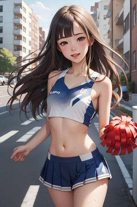 ((masterpiece)), (best quality), official art, extremely detailed CG, unity 8k wallpaper, ultra detailed,
yukarihan, 1girl, cheerleader, long hair, navel,  happy, sweat, 
Apartment Building, 
 