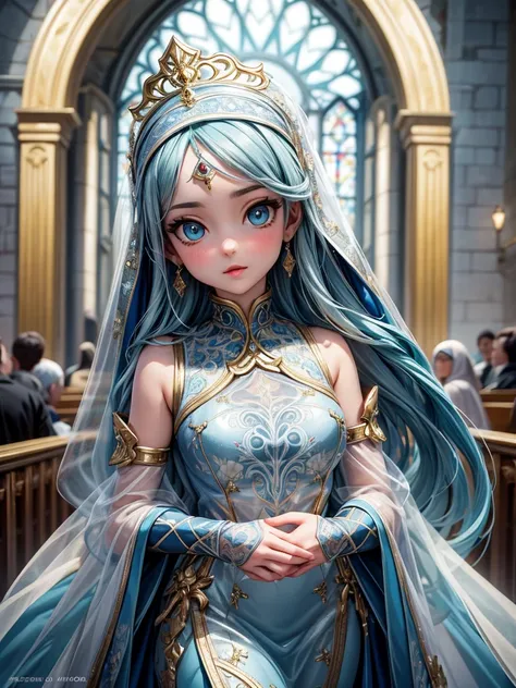 (best quality, high resolution, masterpiece:1.2), Super detailed, Beautiful and delicate lake green eyes, Beautiful and delicate lips, extremely detailed face, super long hair, 1 girl, Beautiful girl with aqua blue hair, Wearing a dark blue Luminous nun co...